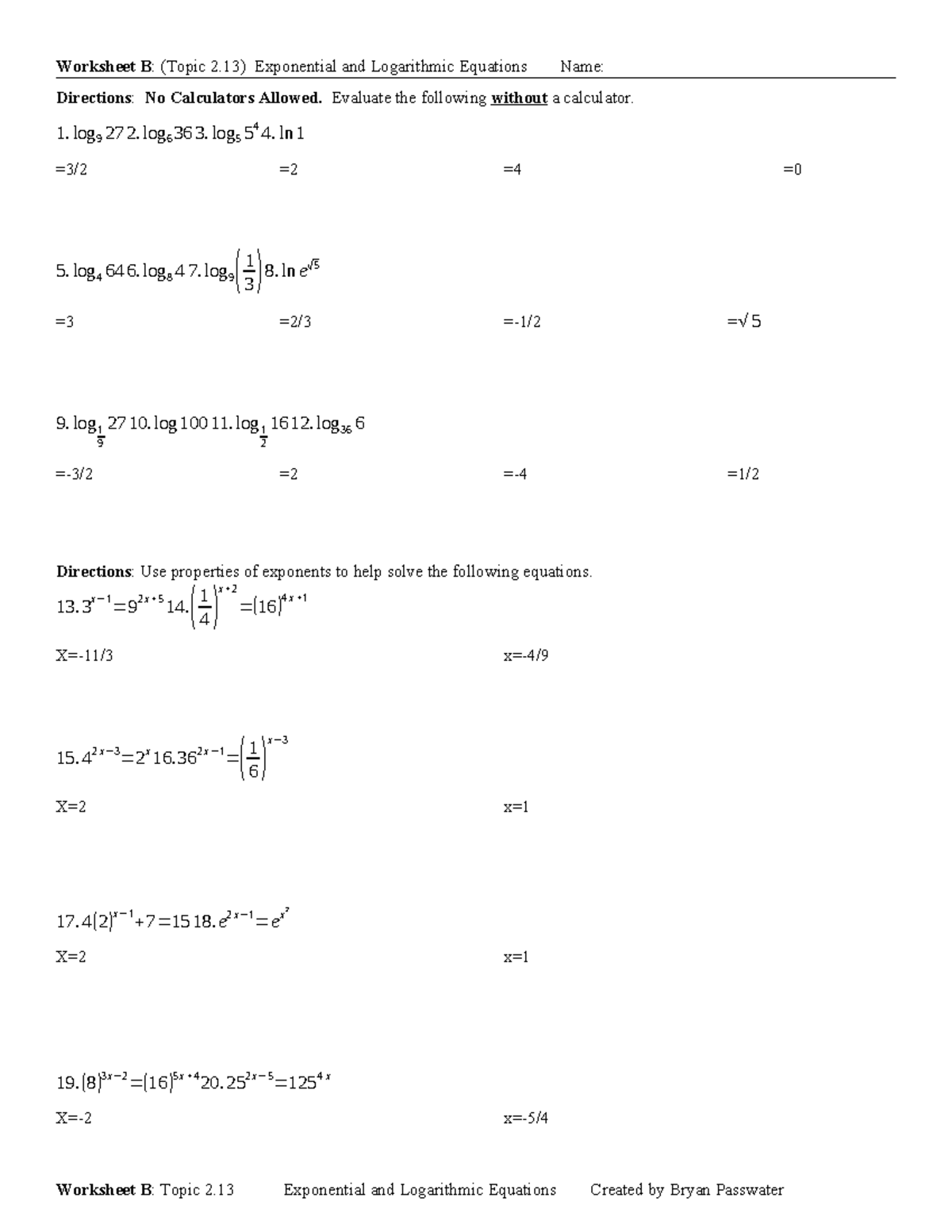 Worksheet B: Topic 2.13 Exponential & Logarithmic Equations - Studocu
