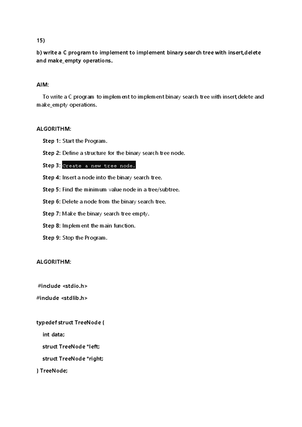 C Program for BST Operations (Insert, Delete, Make Empty) - Studocu