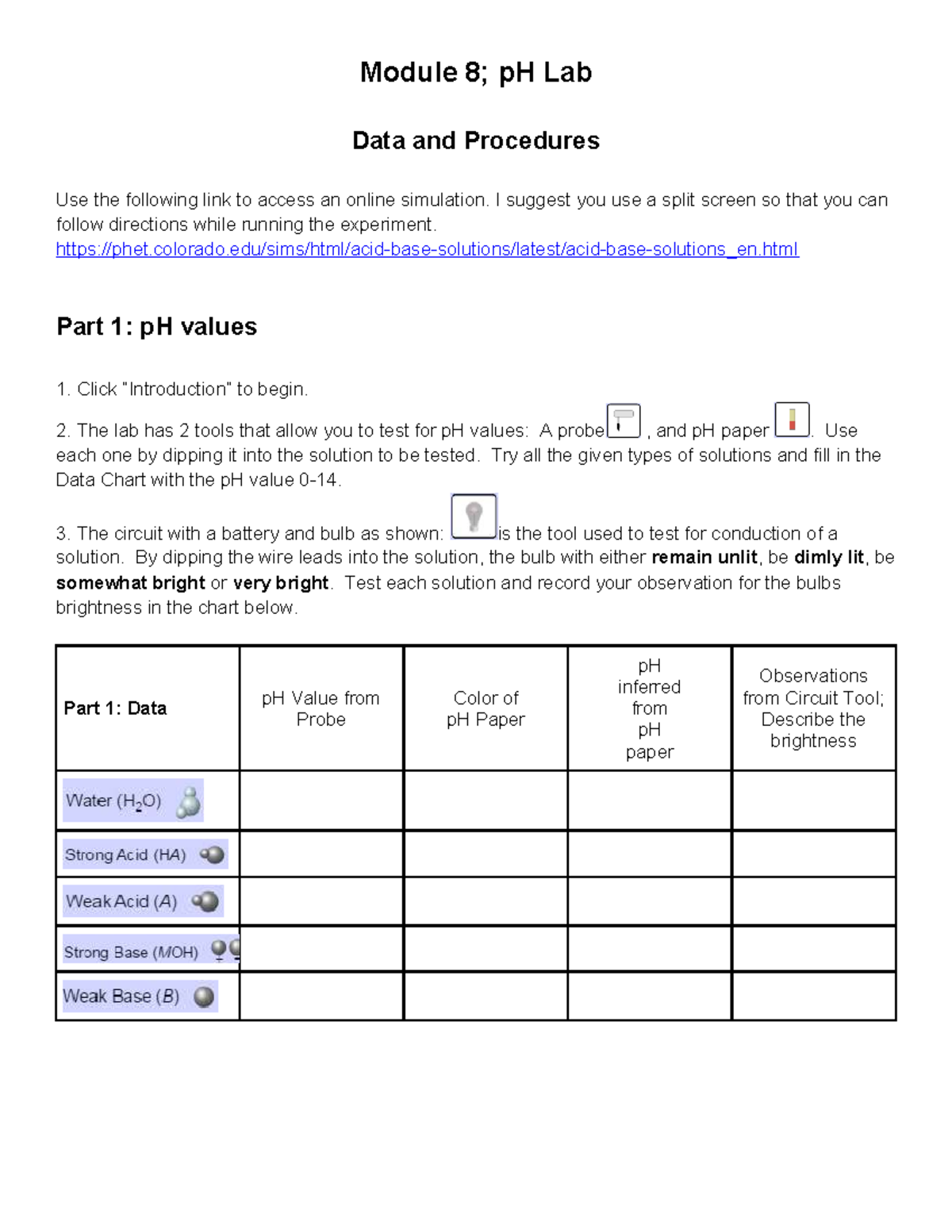 Module 8: pH Lab Data & Procedures for Experimentation - Studocu