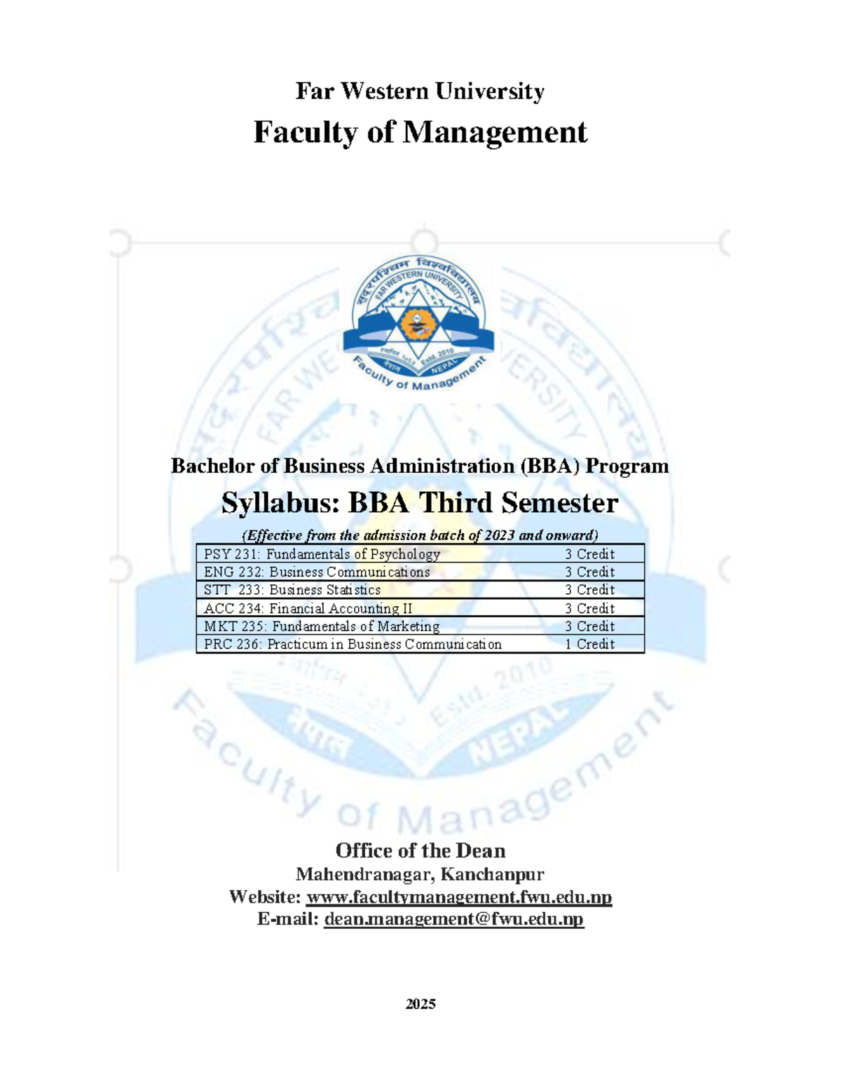 Final syllabus for BBA third semester courses (2023 admission batch ...