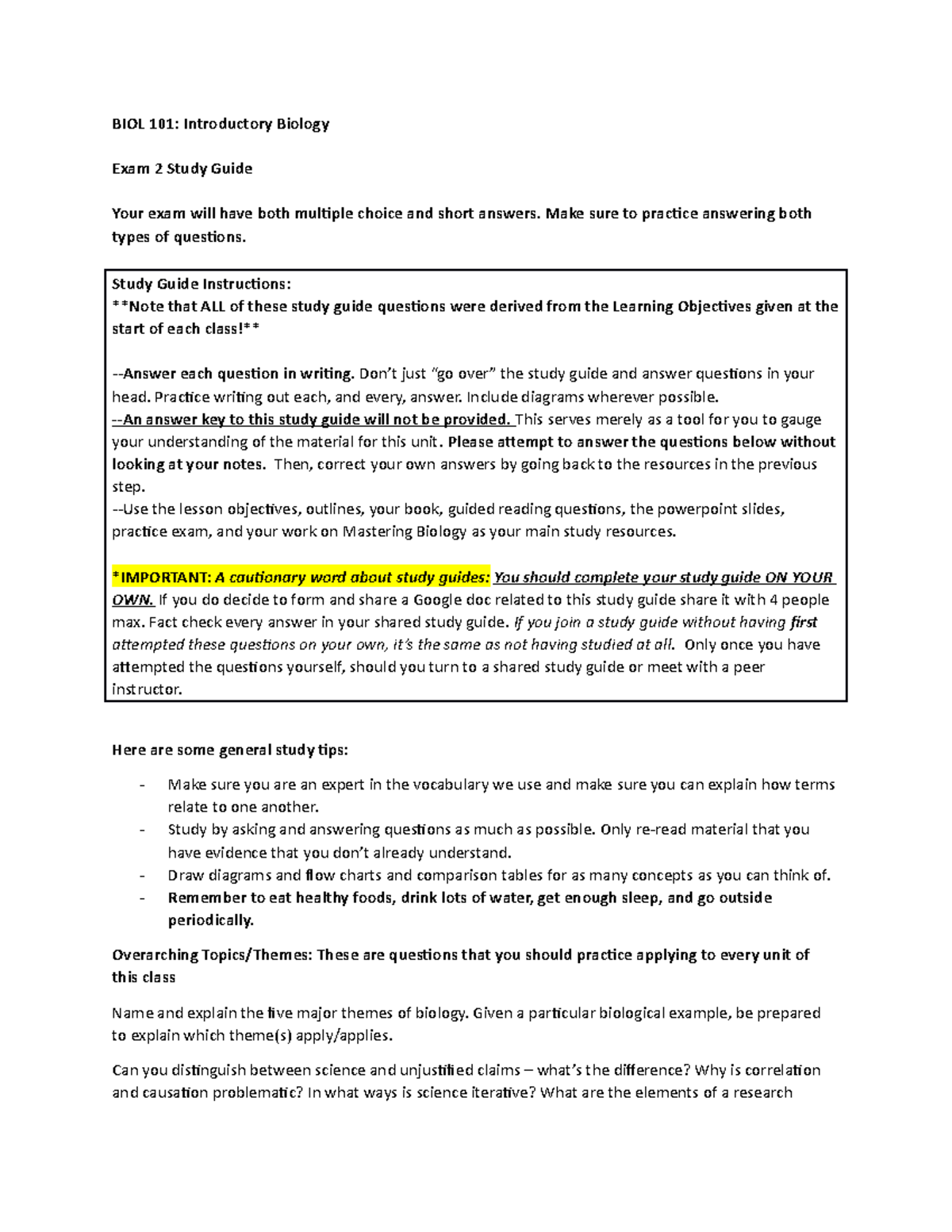 BIOL 101 Exam 2 Study Guide: Key Topics & Study Tips - Studocu