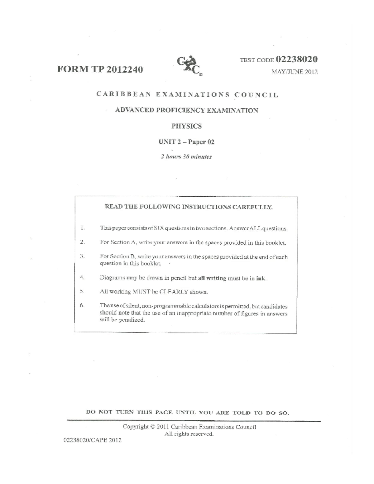 CAPE Physics Unit 2 June 2012 Exam Paper and Instructions - Studocu