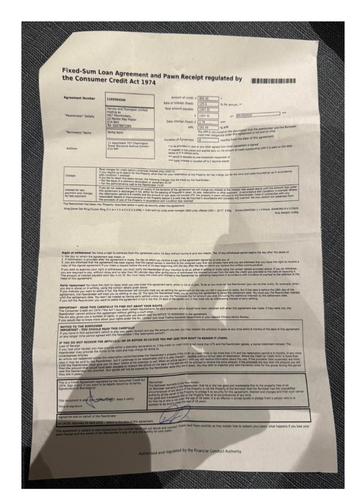 Loan Agreement & Pawn Receipt under Consumer Credit Act 1974 - Studocu