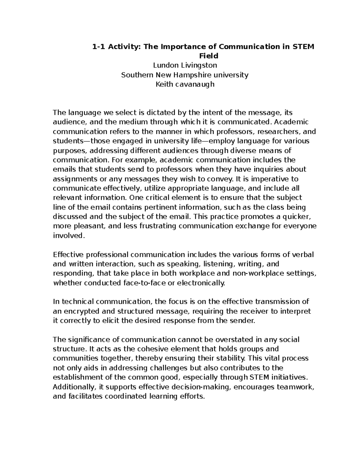 Activity: The Importance of Communication in STEM Fields (SNHU) - Studocu