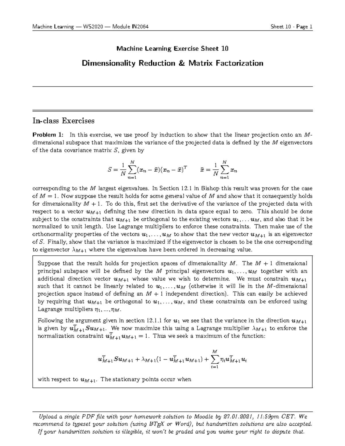 Exercise Solutions for Dimensionality Reduction - IN2064 - Studocu