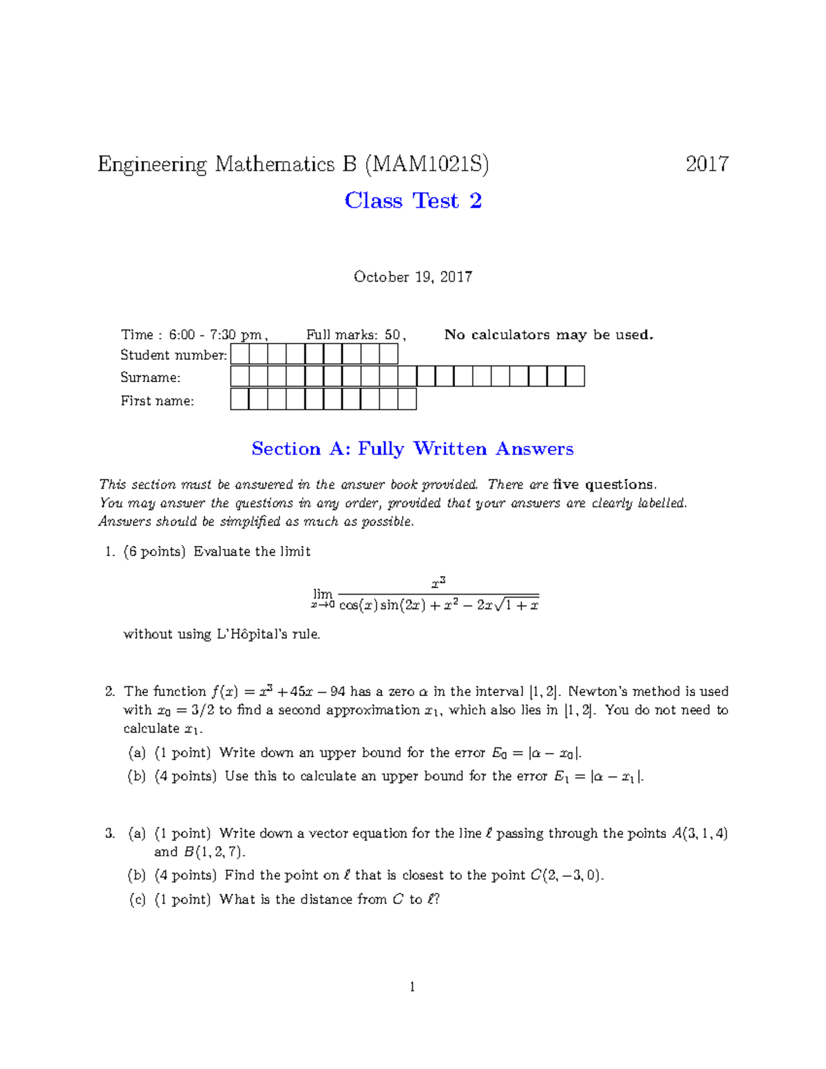 Engineering Mathematics B (MAM1021S) 2017 Class Test 2 Solutions - Studocu