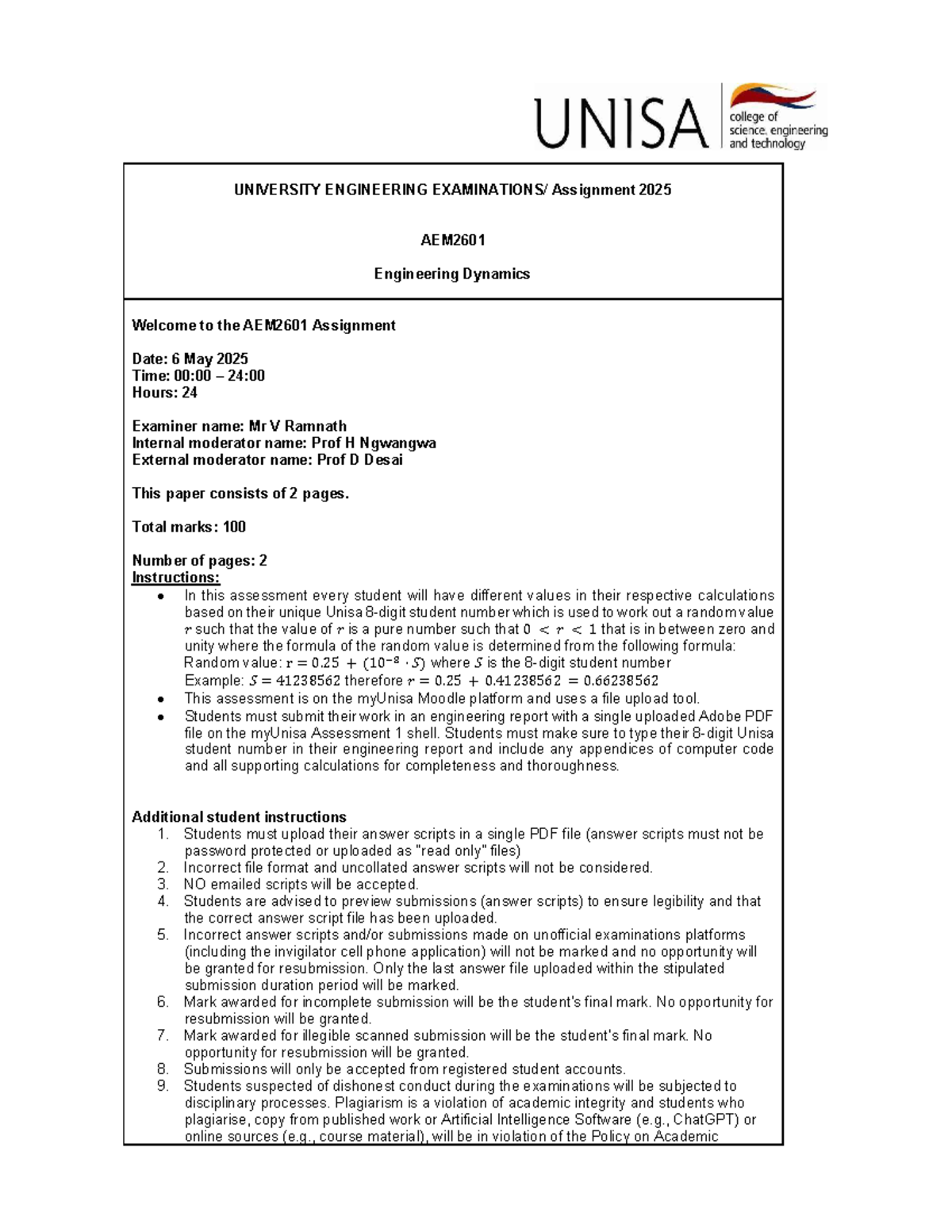 AEM2601 Engineering Dynamics Assignment 2025 - Assessment 1 Details ...