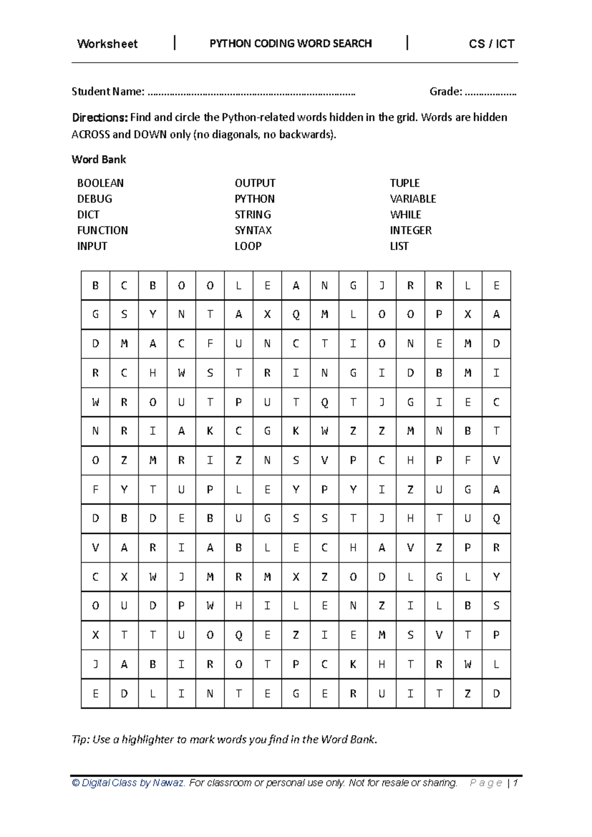 Worksheet CS ICT PYTHON CODING WORD SEARCH - Vocabulary Grades 5-8 ...