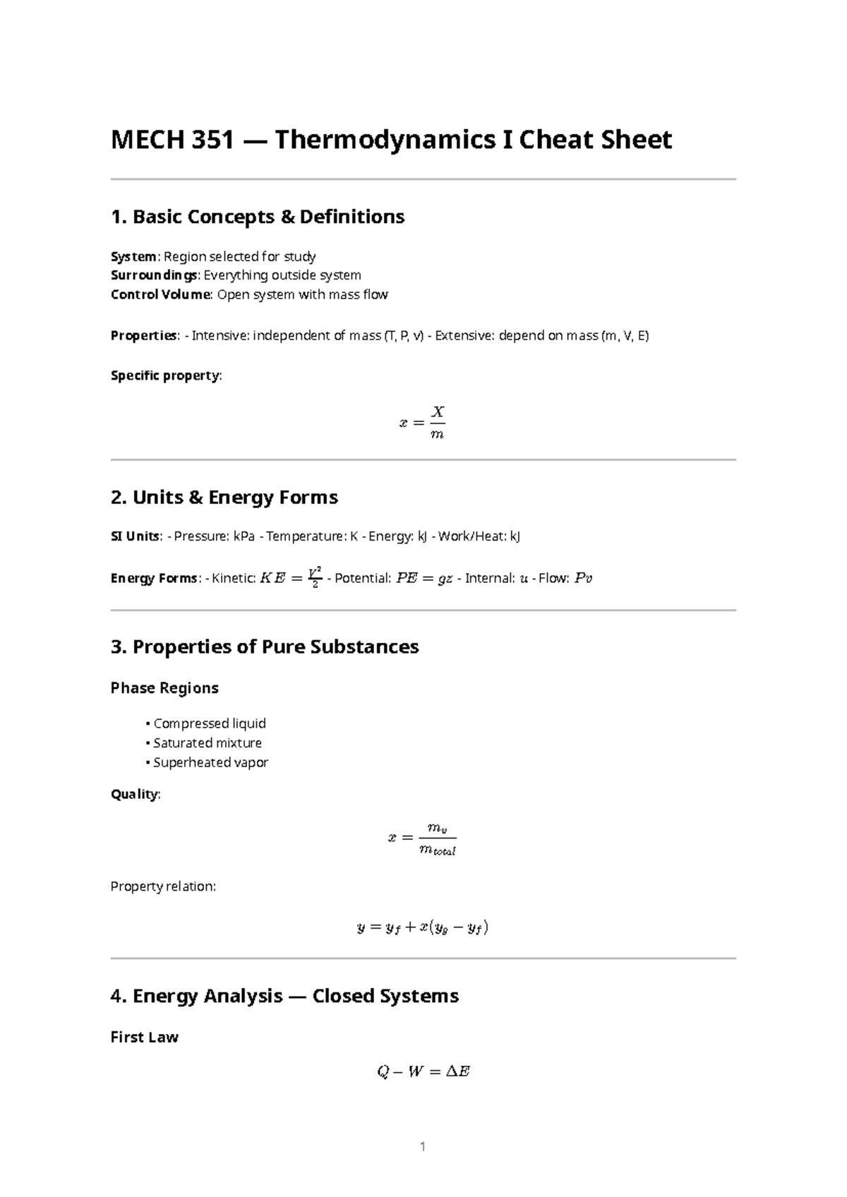 MECH 351 Thermodynamics I Comprehensive Cheat Sheet - Studocu