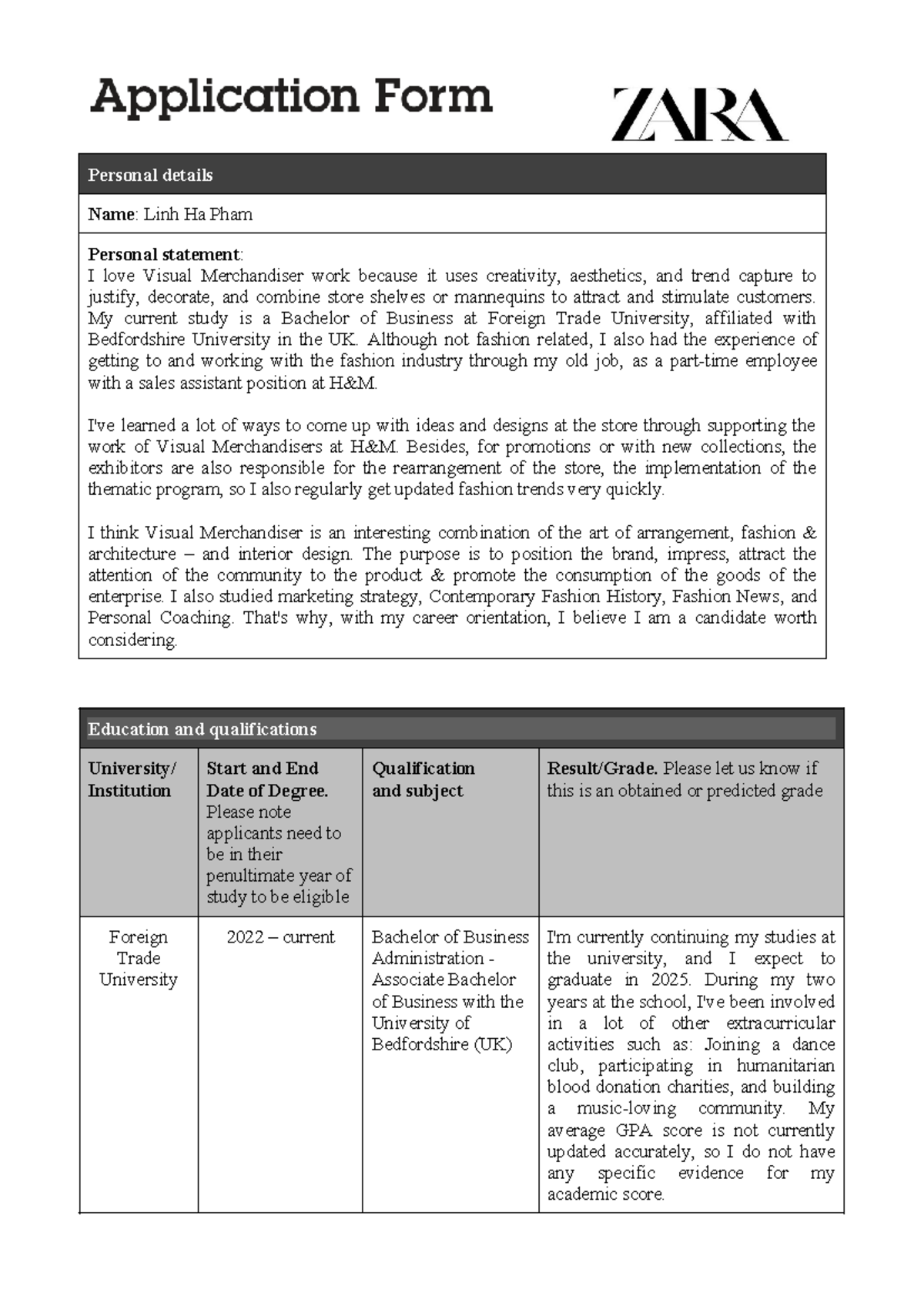 Application form ZARA(last) - Education and qualifications University ...