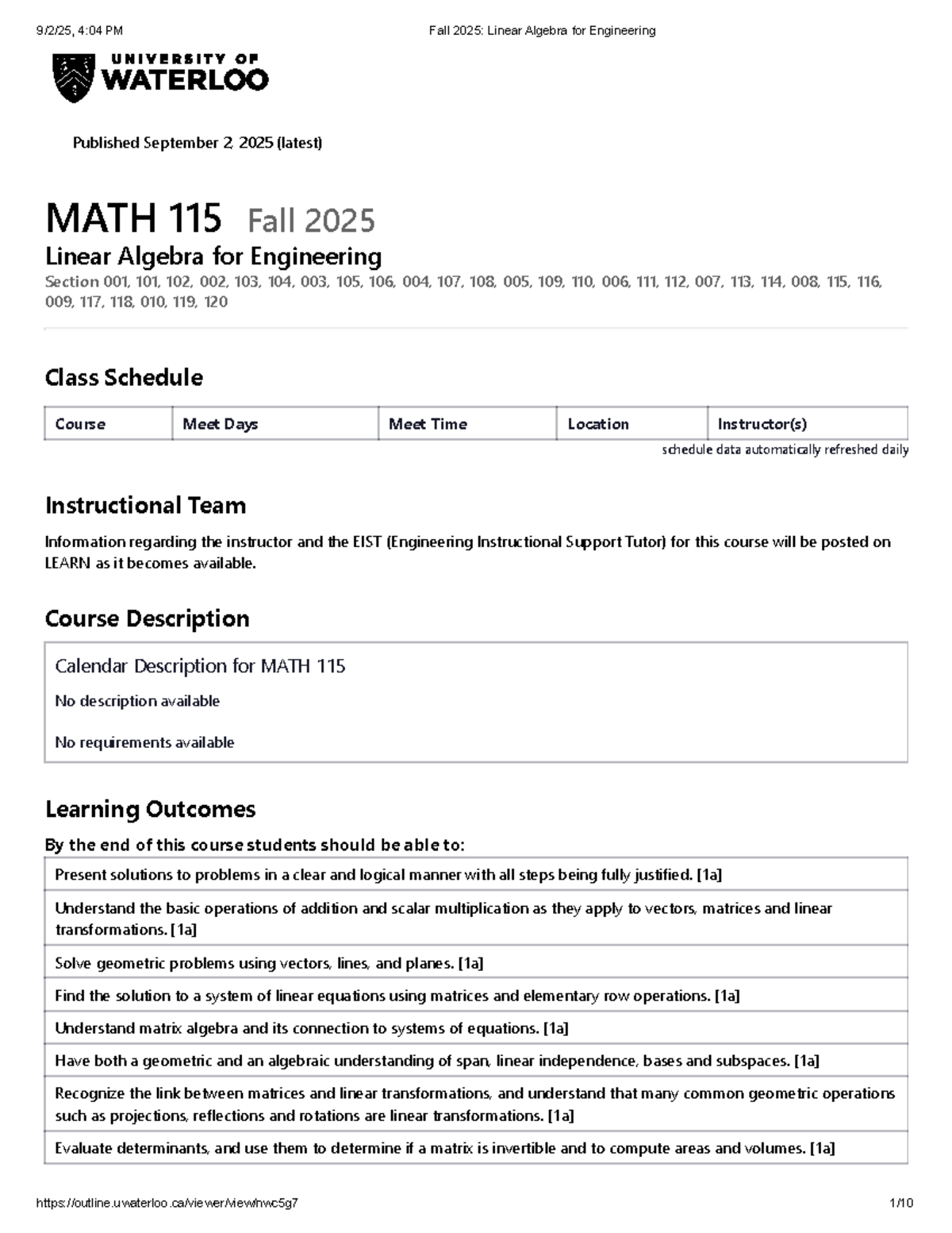 MATH 115 Fall 2025: Linear Algebra for Engineering Course Outline - Studocu