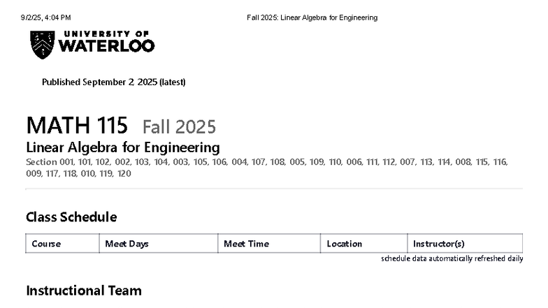 MATH 115 Fall 2025: Linear Algebra for Engineering Course Outline - Studocu