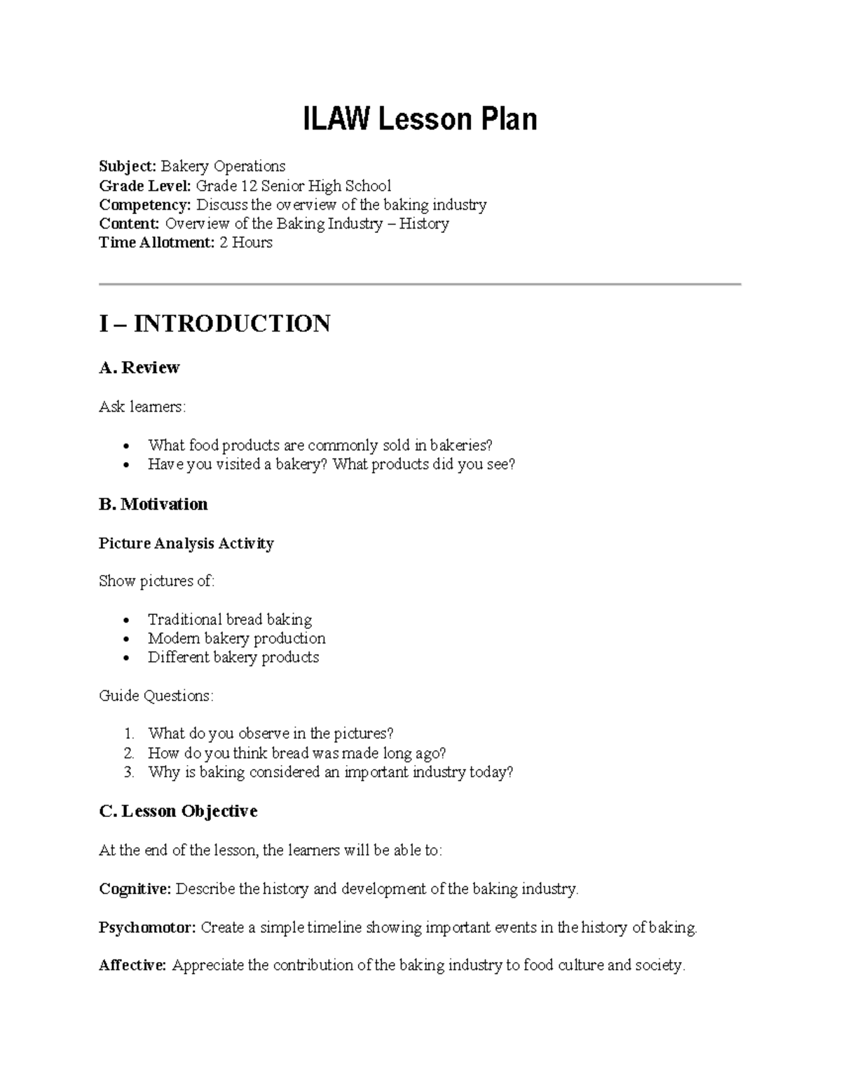 ILAW Lesson Plan: Overview of the Baking Industry for Grade 12 - Studocu