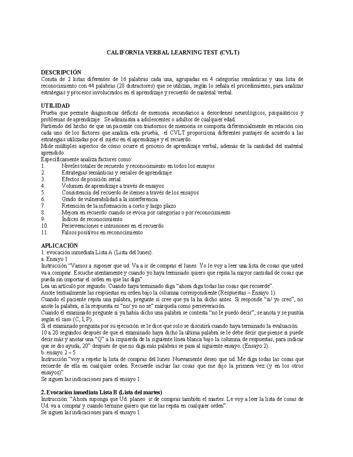 CVLT: Evaluación y Aplicación en Déficits de Memoria - Studocu