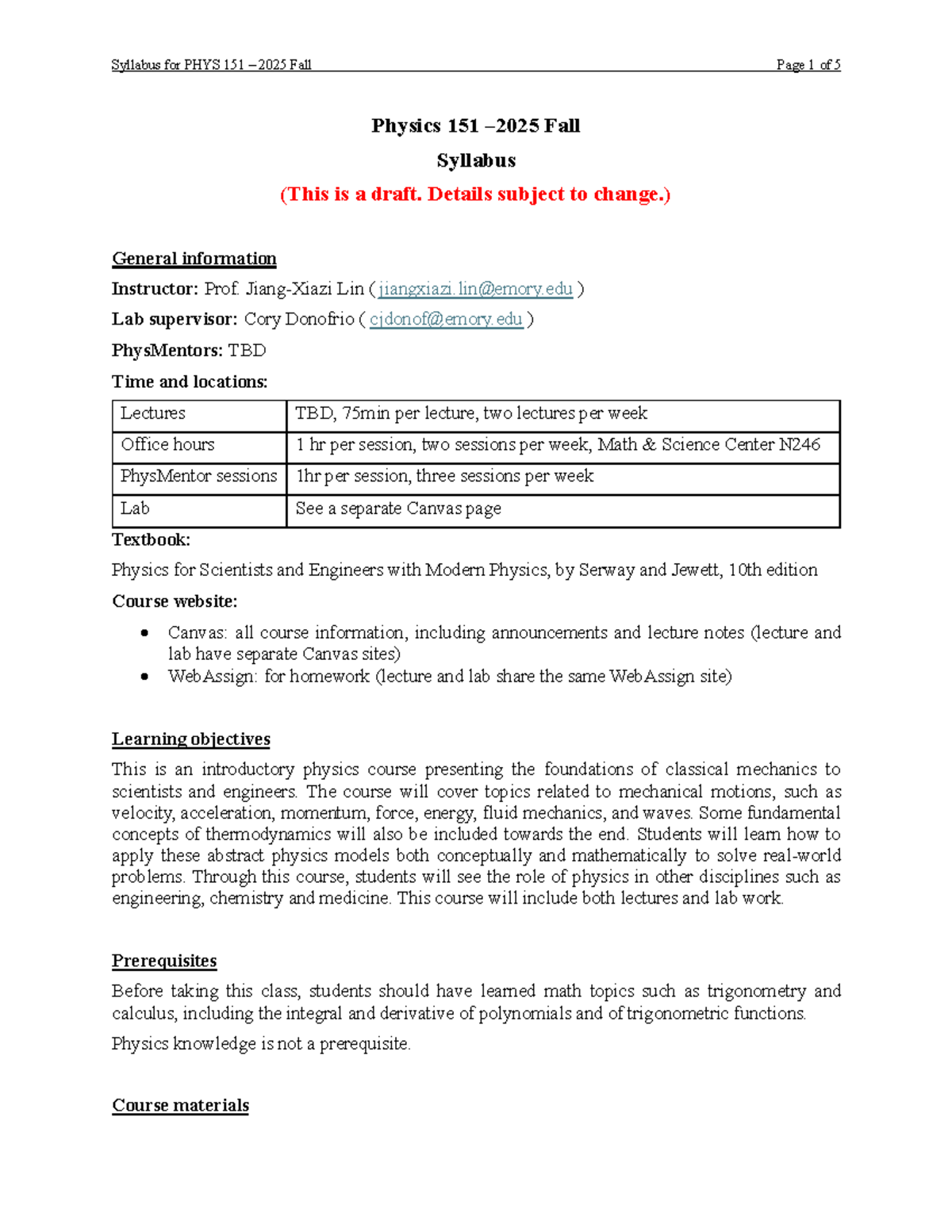 PHYS 151 2025 Fall Syllabus - Introductory Physics I with Calculus ...