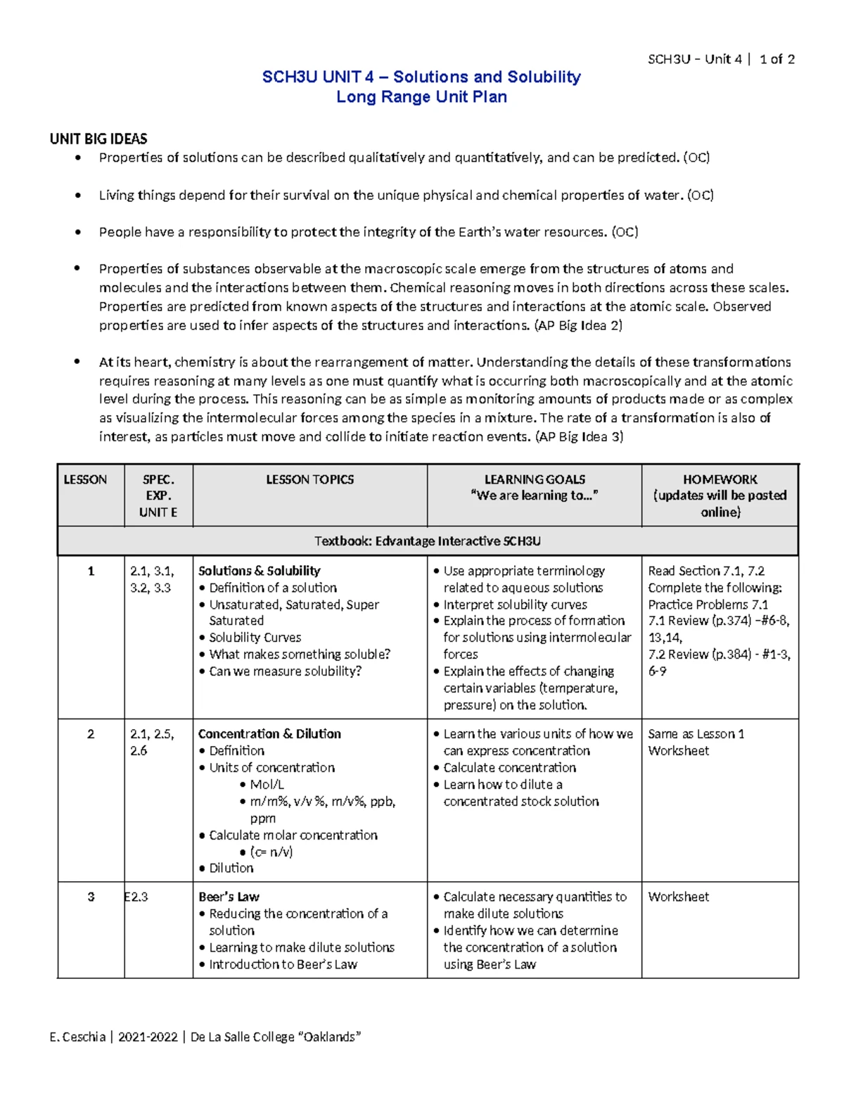 SCH3U - Success Criteria Unit 4 - Solutions and Solubility - E. Ceschia ...