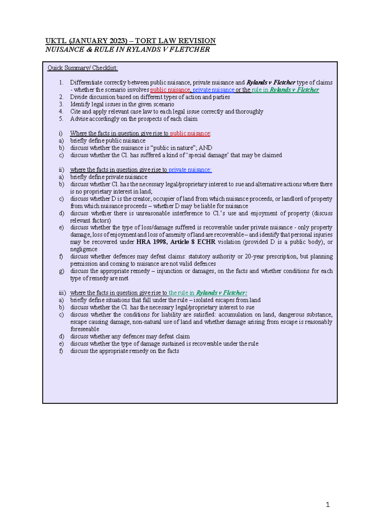 UKTL 2023: Nuisance & Rylands v Fletcher Revision Guide - Studocu