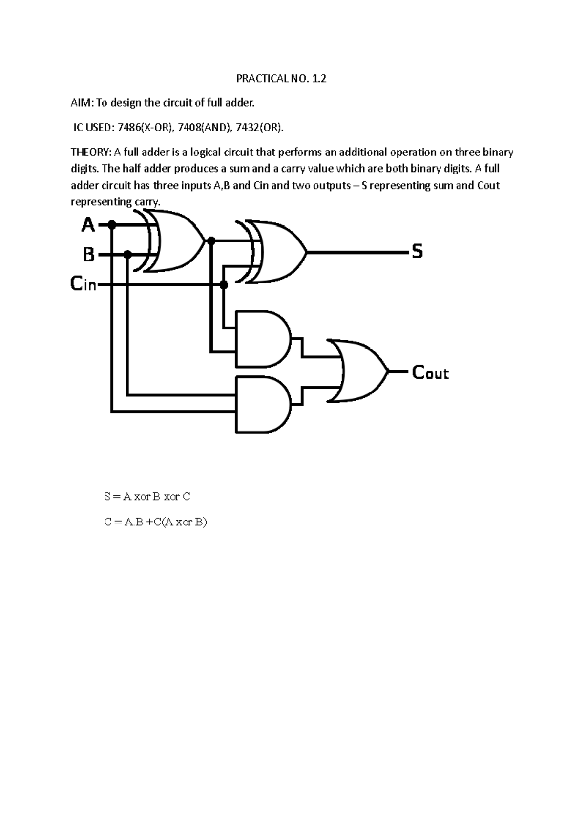 Practical No. 1: Full Adder Circuit Design (IC 7408, 7432) - Studocu