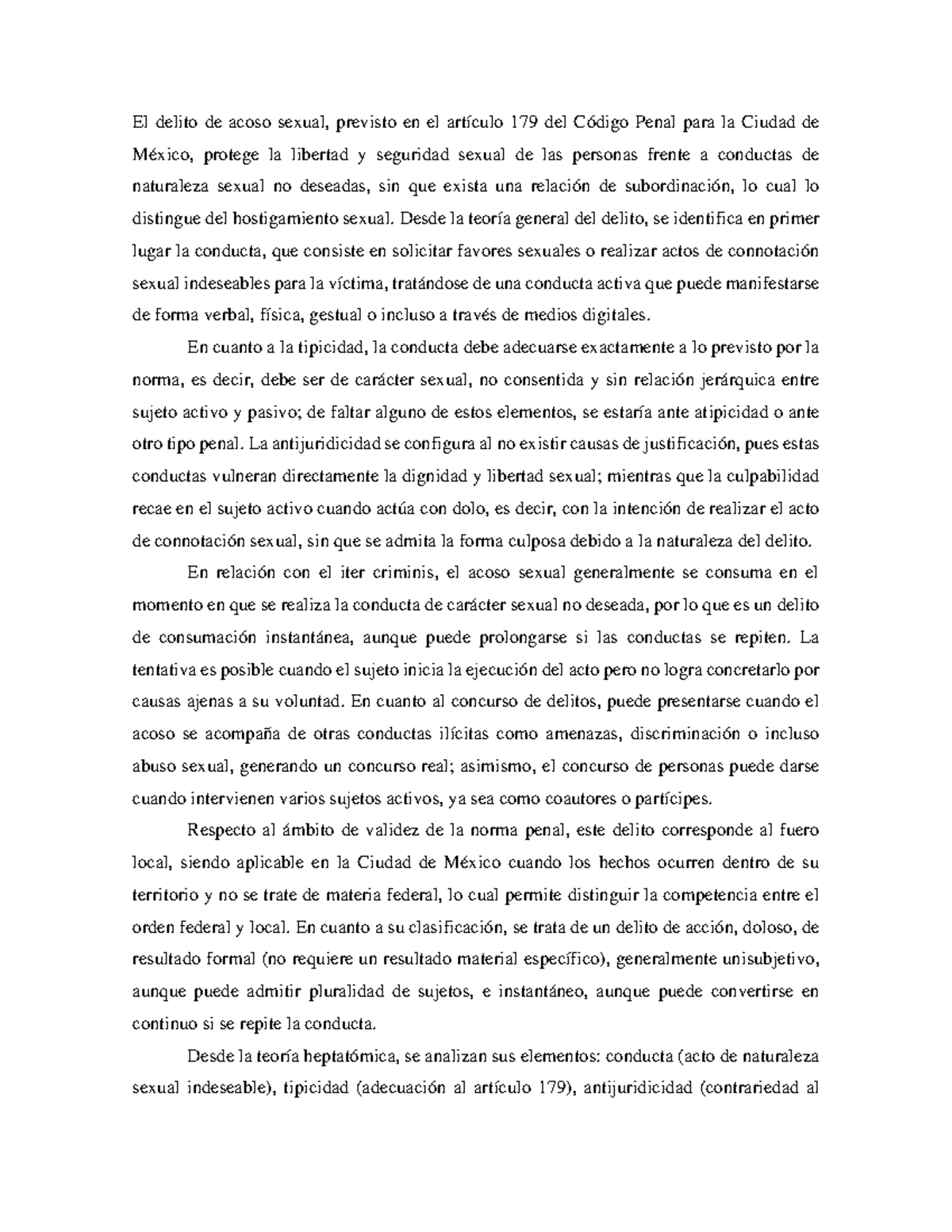 El delito de acoso sexual según el Art. 179 del Código Penal - Studocu