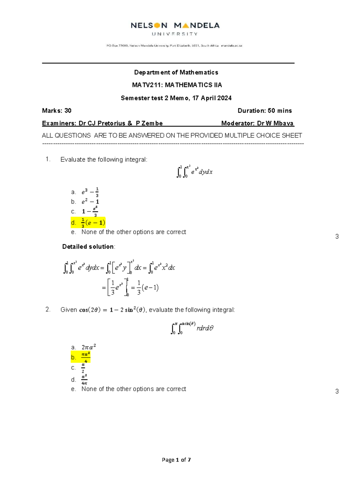 MATV211 Semester Test 2 Memo Solutions - April 2024 - Studocu