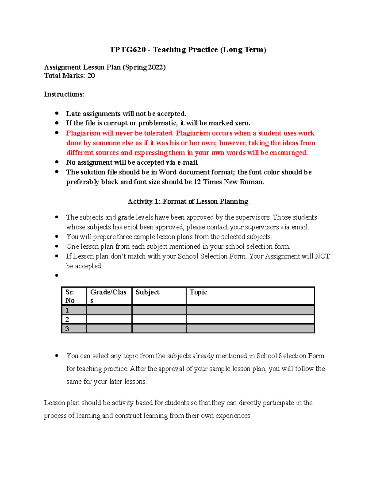 Spring 2022 TPTG620 Teaching Practice Assignment: Lesson Plan Guide ...