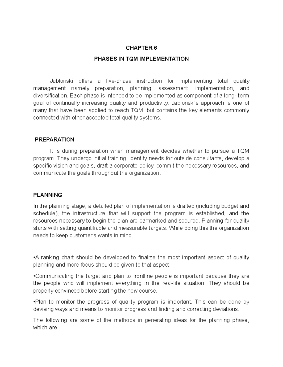 CHAPTER 6: PHASES IN TQM IMPLEMENTATION - Study Notes - Studocu
