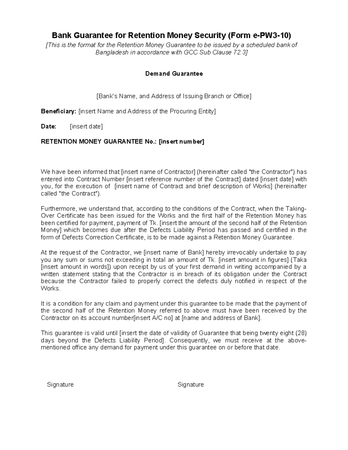 Bank Guarantee for Retention Money Security (epw3) - Studocu