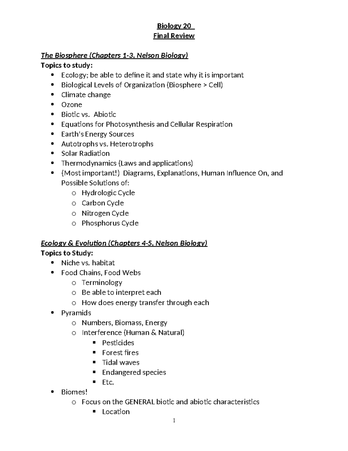 Biology 20 Final Review Checklist: Key Topics & Concepts - Studocu