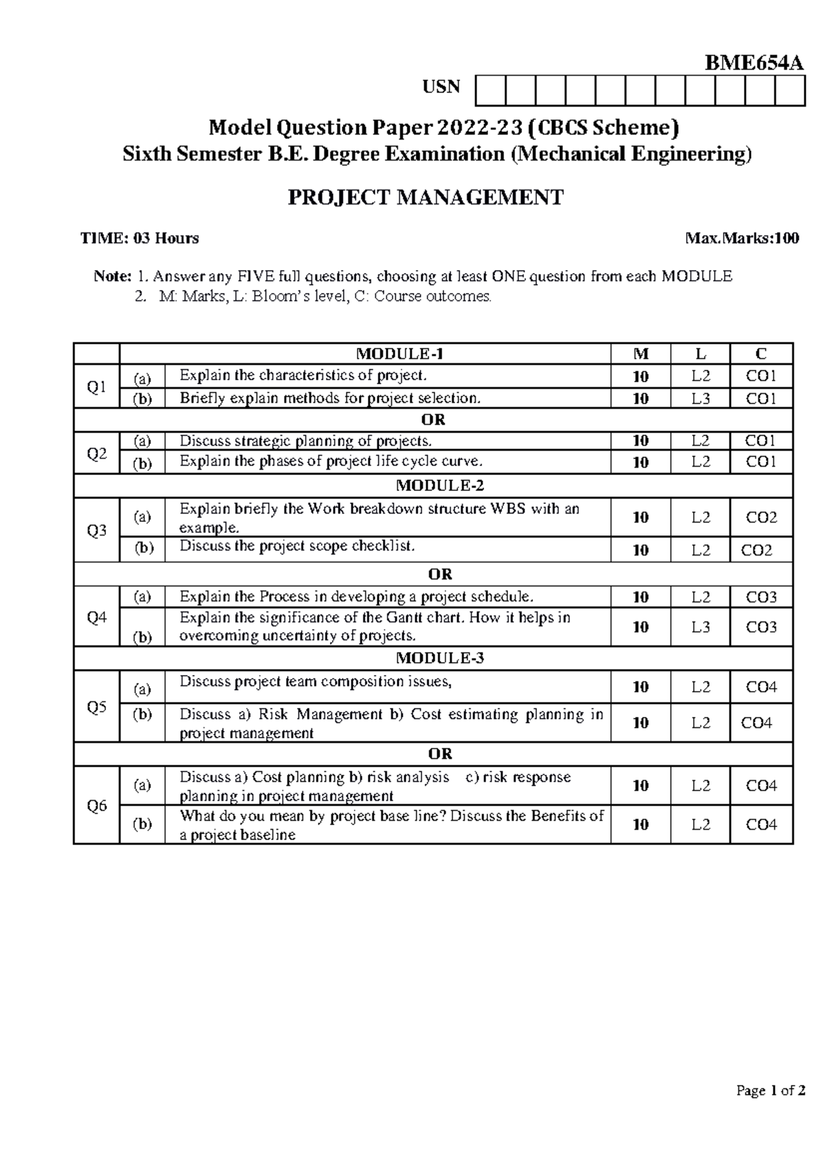 BME654A Project Management Model Question Paper - 6th Sem B.E. Exam ...