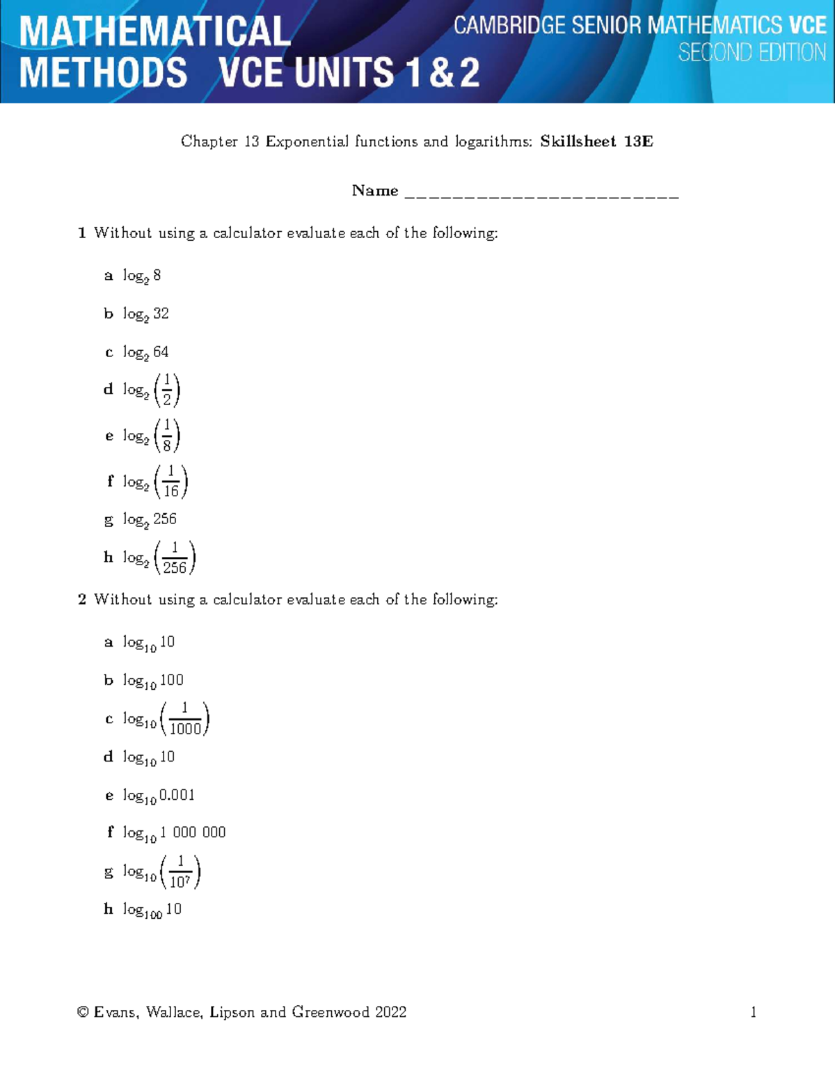 Chapter 13e Skillsheet Exponential Functions Logarithms Studocu