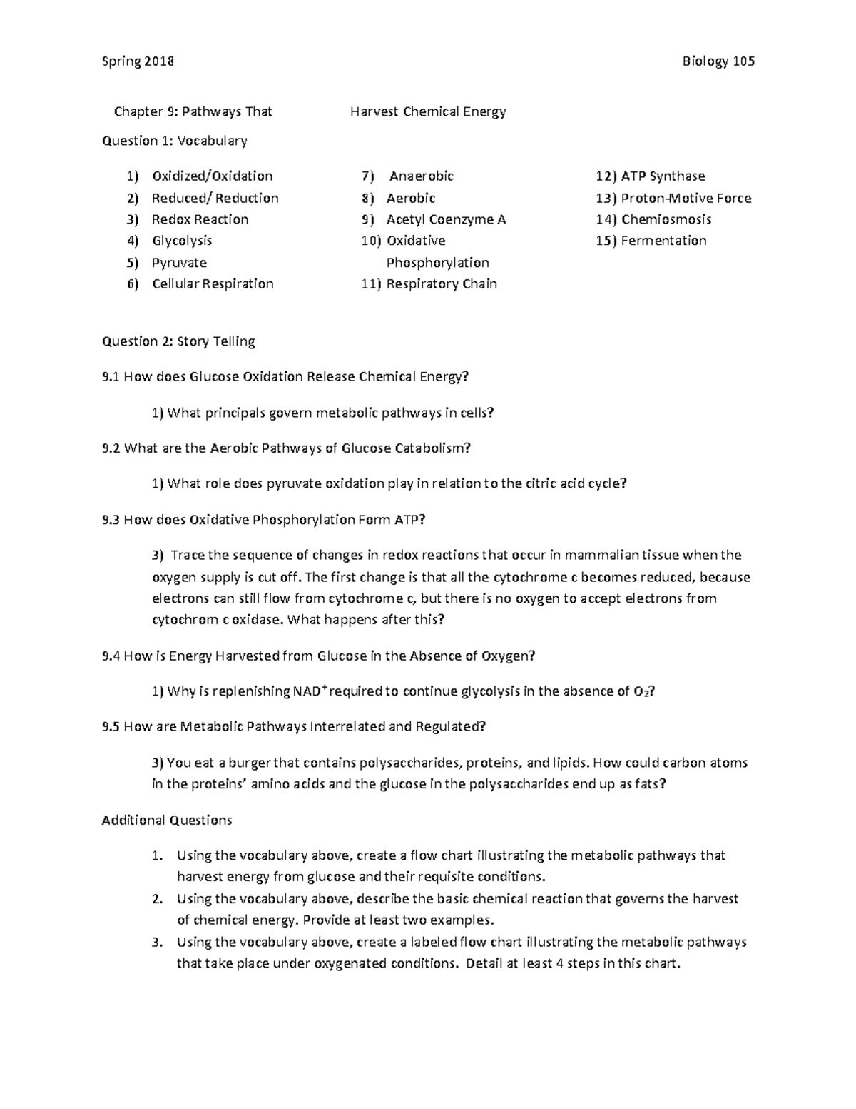 Biology 105: Ch. 9 Cellular Respiration Study Questions & Key Concepts ...