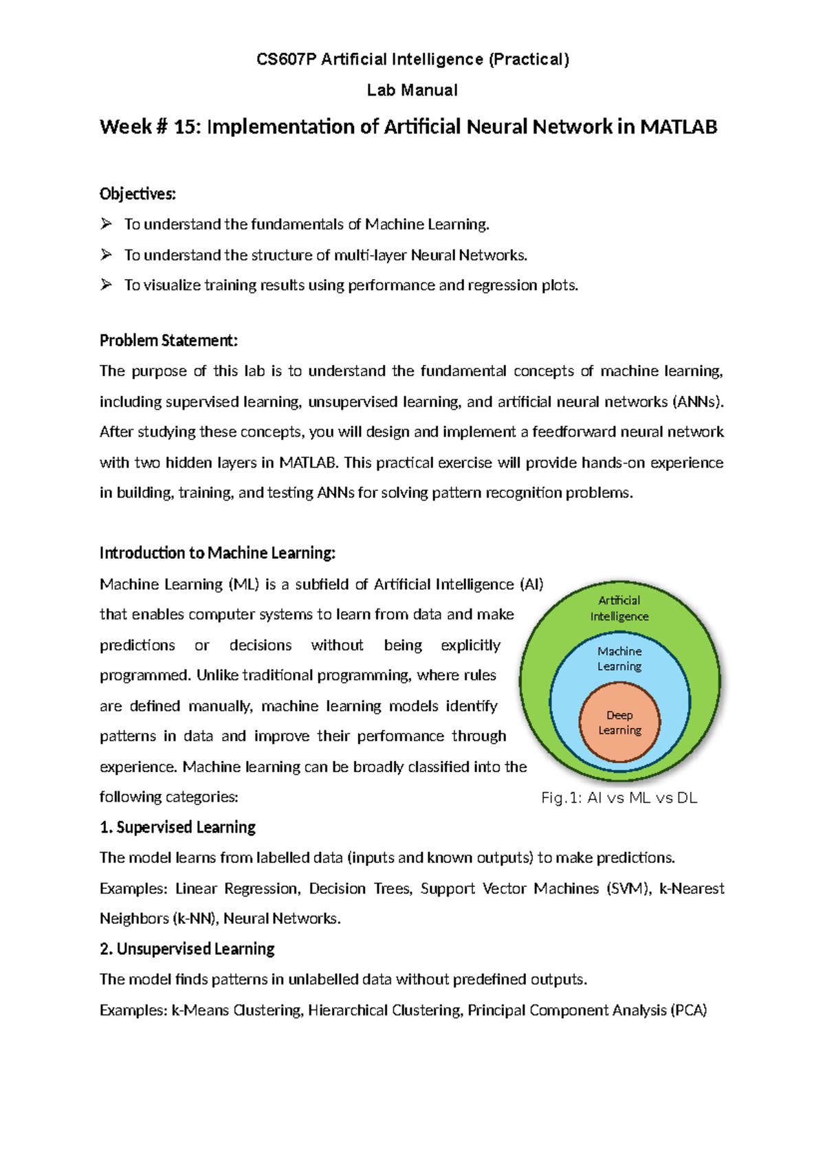 CS607P AI Practical Lab Manual: Week 15 - Implementing ANN in MATLAB ...