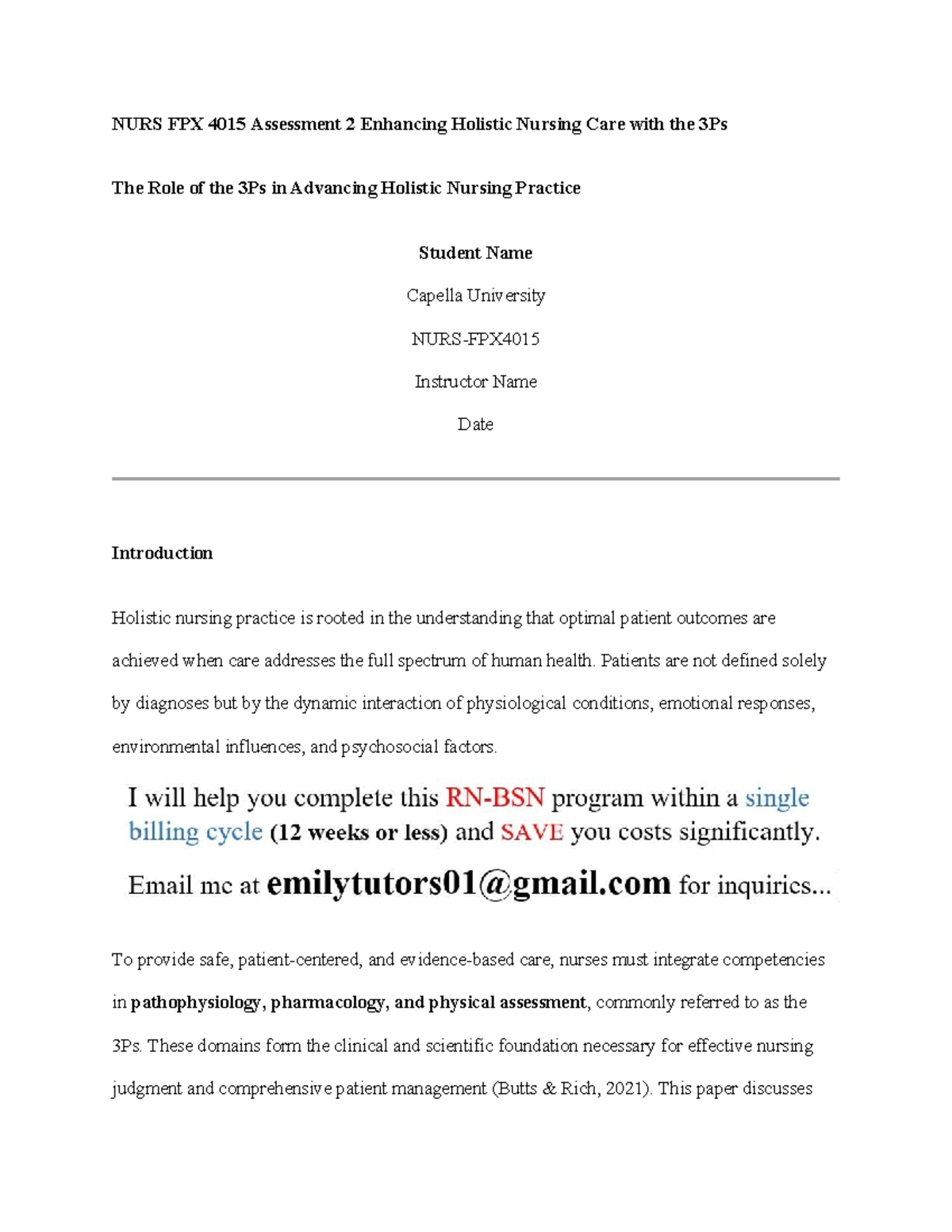 NURS FPX 4015 Assessment 2: The 3Ps in Holistic Nursing Care - Studocu