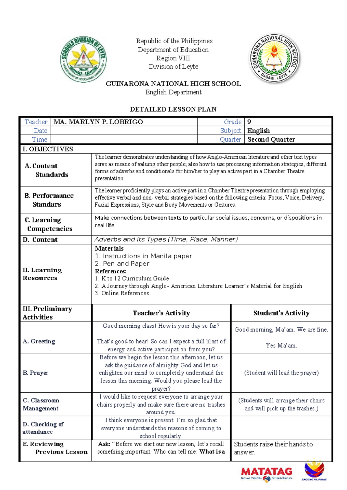COT4 LP - Detailed Lesson Plan on Adverbs for Grade 9 English - Studocu