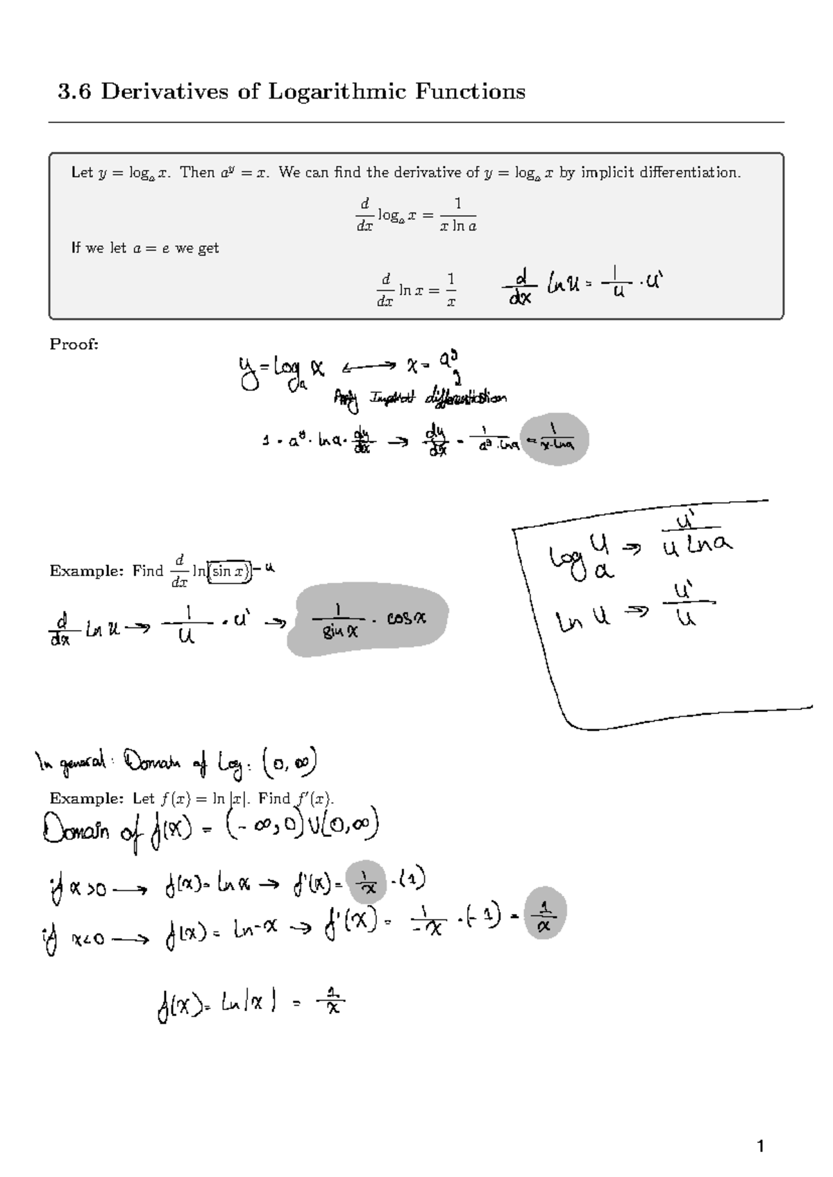 3.6 Derivatives of Logarithmic Functions: Material & Problems - Studocu