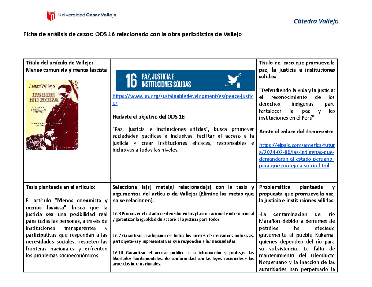 Cátedra Vallejo: Análisis del ODS 16 y la Obra Periodística de Vallejo ...