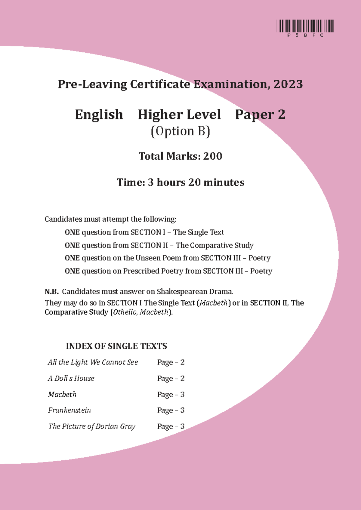 2023 B LC English HL Paper 2 Exam: Texts & Poetry Analysis - Studocu