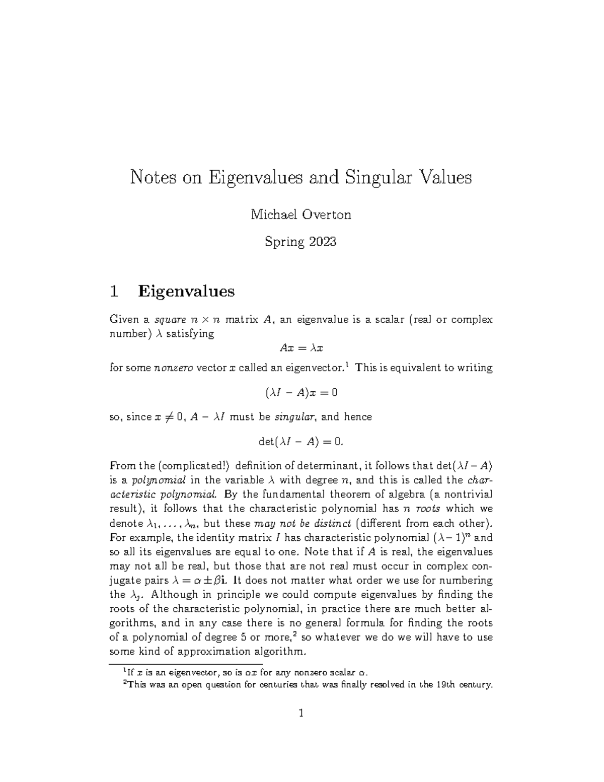 Eigenvalues and Singular Values Notes (MATH 2023) - Studocu