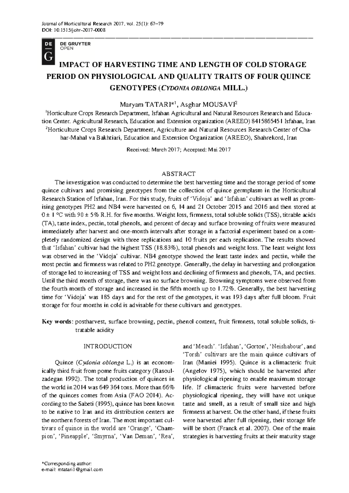Impact of Harvesting Time & Cold Storage on Quince Quality Traits (HORT ...