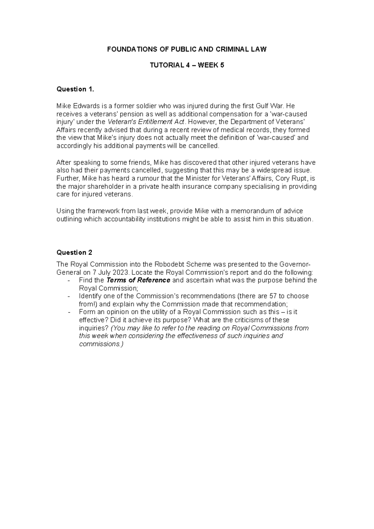 FOUNDATIONS OF PUBLIC AND CRIMINAL LAW TUTORIAL 4 WEEK 5 Q1 & Q2 ...