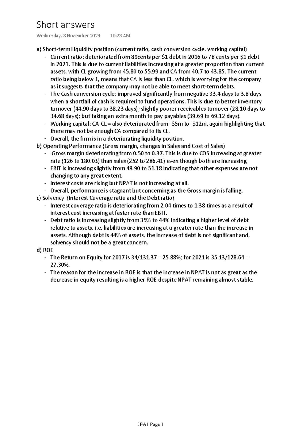 Short Answers for IFA1: Liquidity, Performance & Solvency Analysis ...