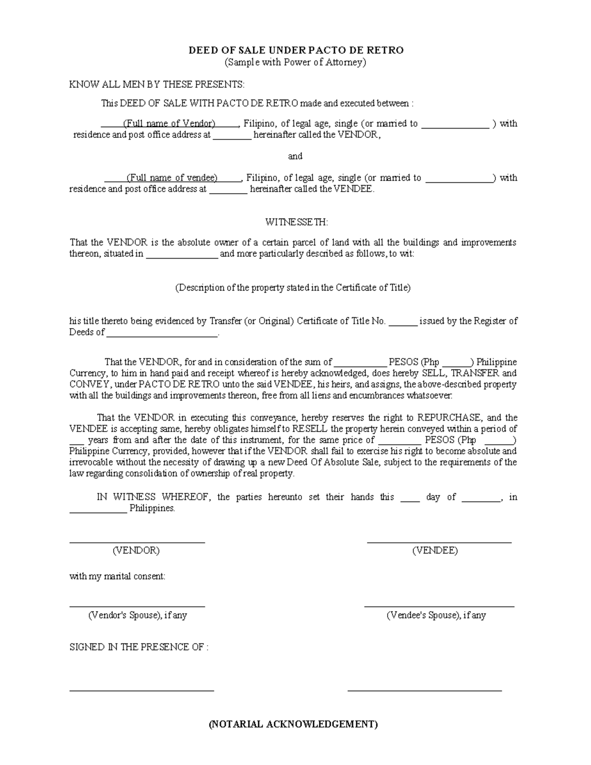 Template deed of sale DEED OF SALE UNDER PACTO DE RETRO (Sample with Template deed of sale DEED OF SALE UNDER PACTO DE RETRO (Sample with
