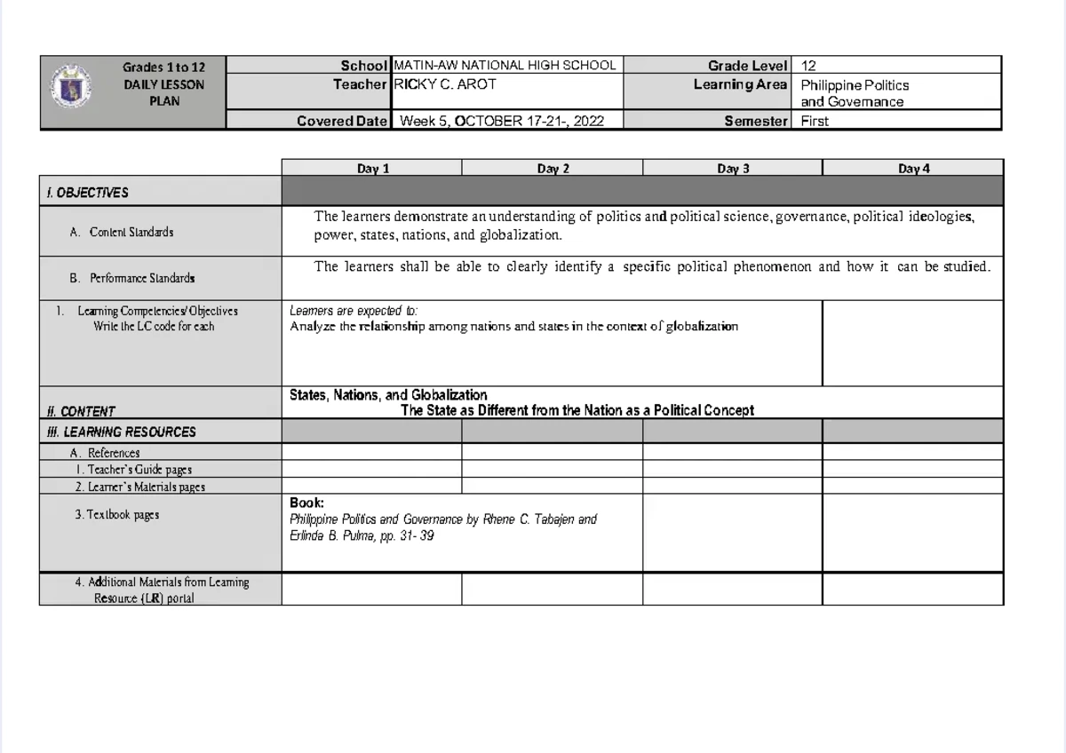 SHS POL 101: Week 1 Lesson Log on Philippine Politics and Governance ...