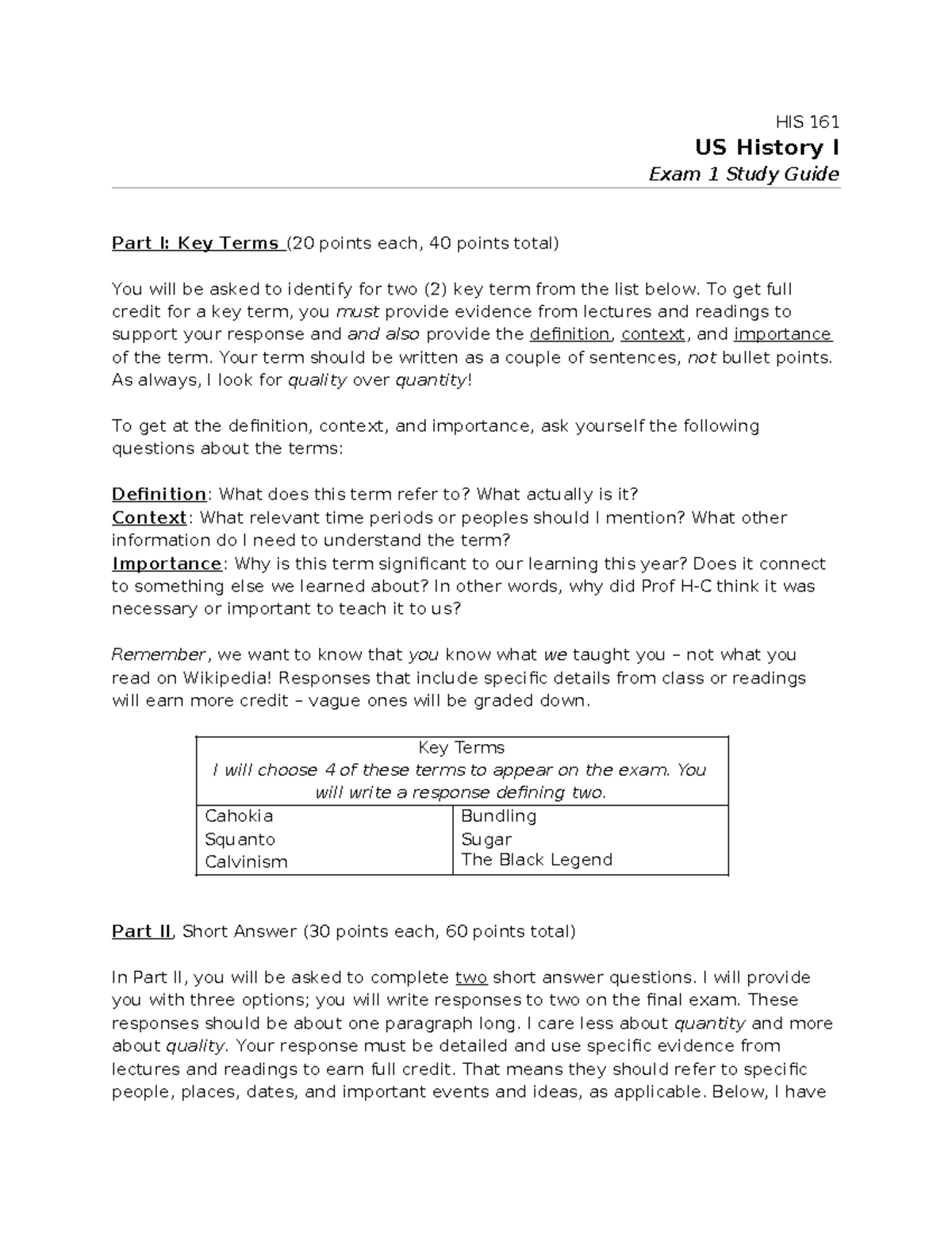 US I Exam 1 Study Guide - HIS 161 US History I Exam 1 Study Guide Part ...