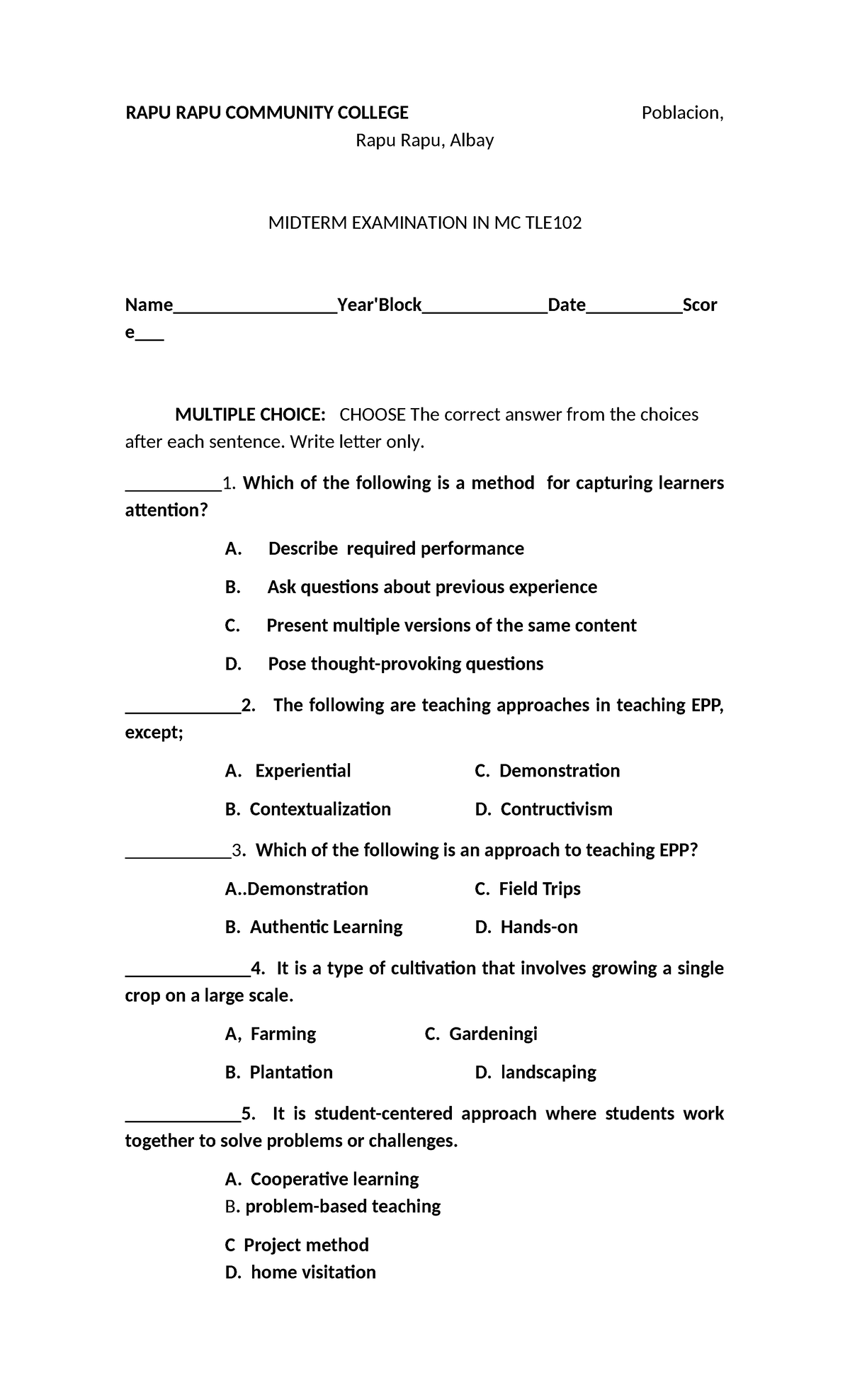 Midterm Exam in MC TLE102: Multiple Choice Questions and Answers - Studocu