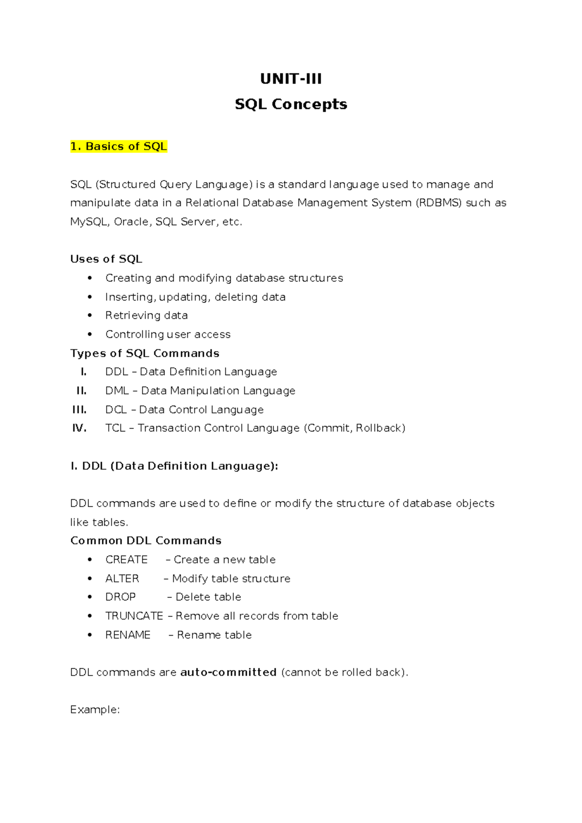 SQL Concepts 1: Basics of SQL for UNIT-III Study Guide - Studocu