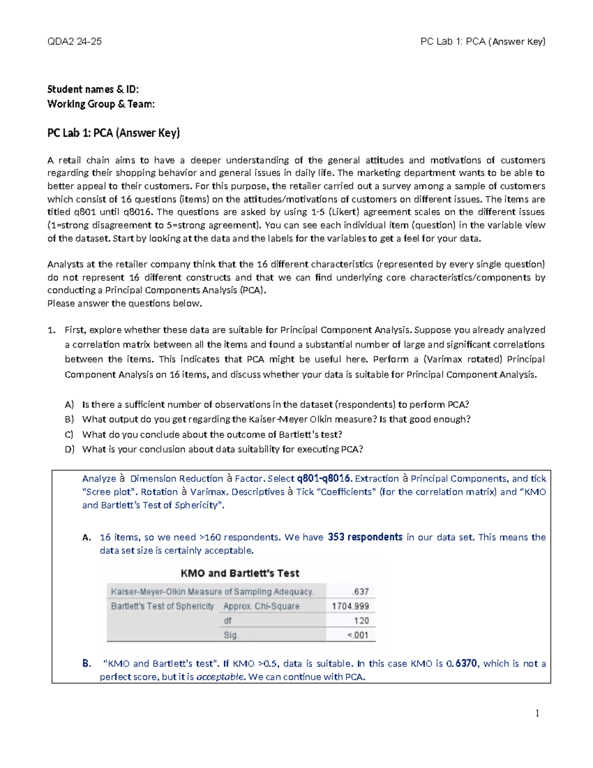 QDA2 2425 PCA Lab 1: Questions & Answer Key for Principal Components ...