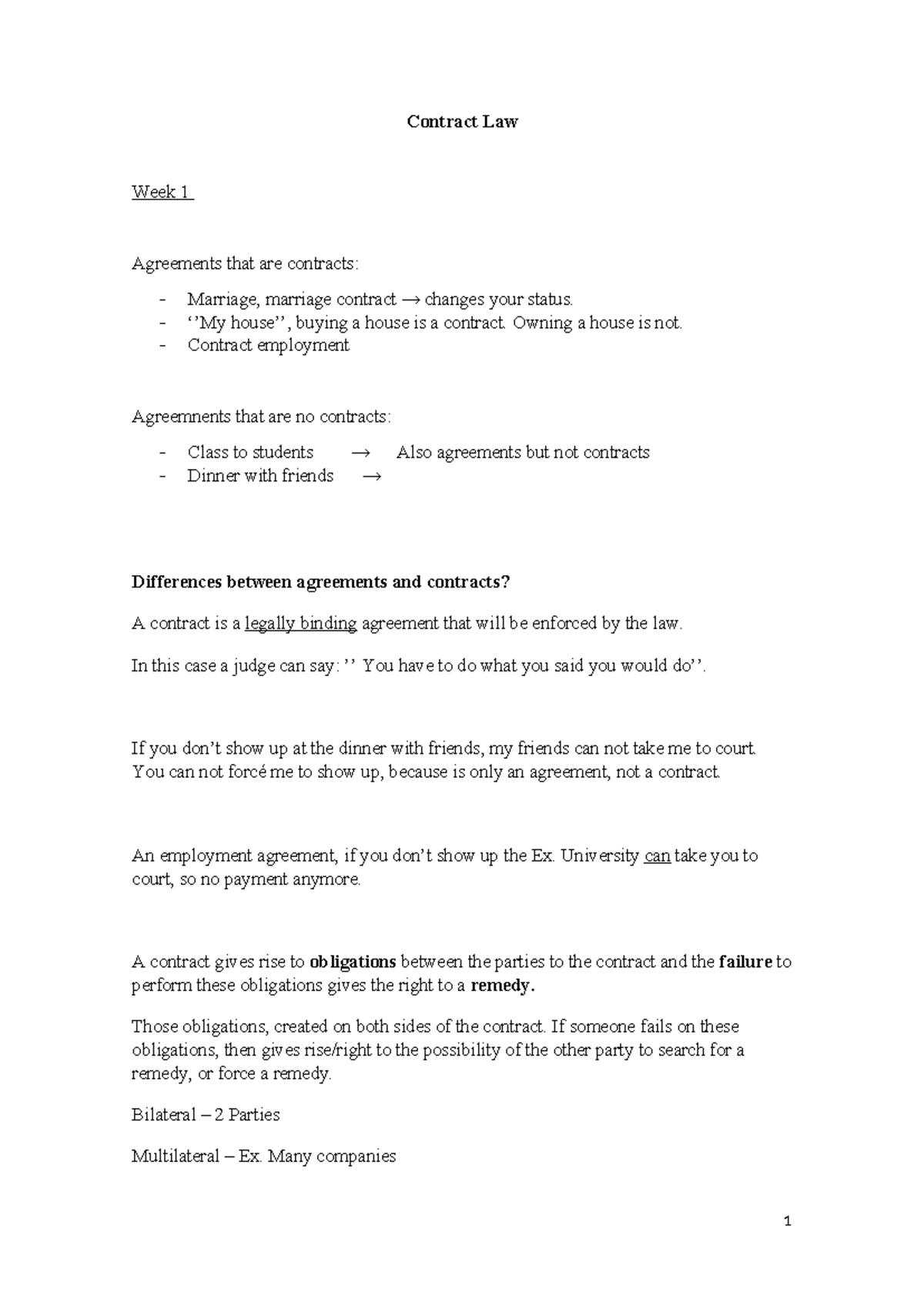 Contract Law Summary: Key Concepts and Principles (Week 1 & 2 ...