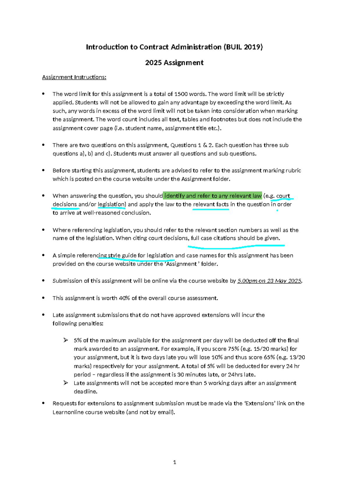 Law Assignment 2 - Contract Administration (BUIL 2019) 2025 Guidelines ...
