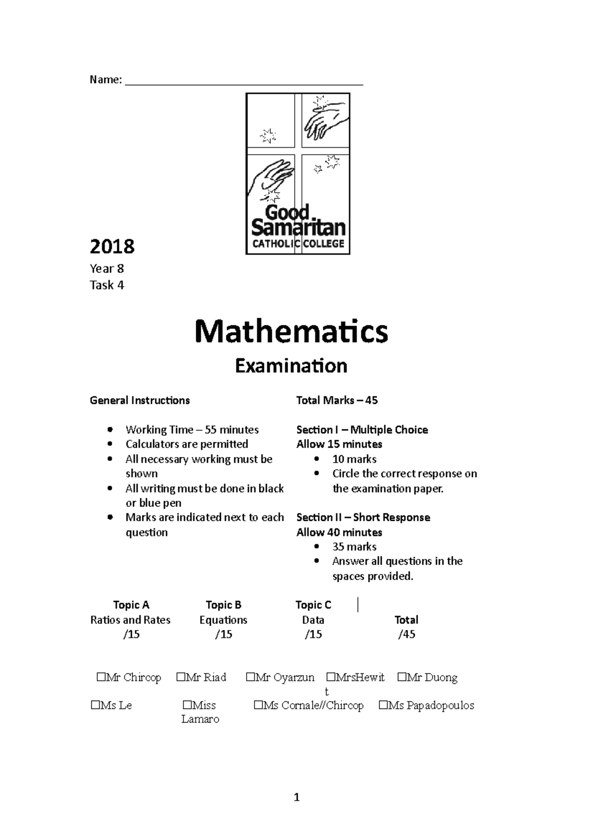 2018 T4 W5 Year 8 Task 4 Exam - Name ...
